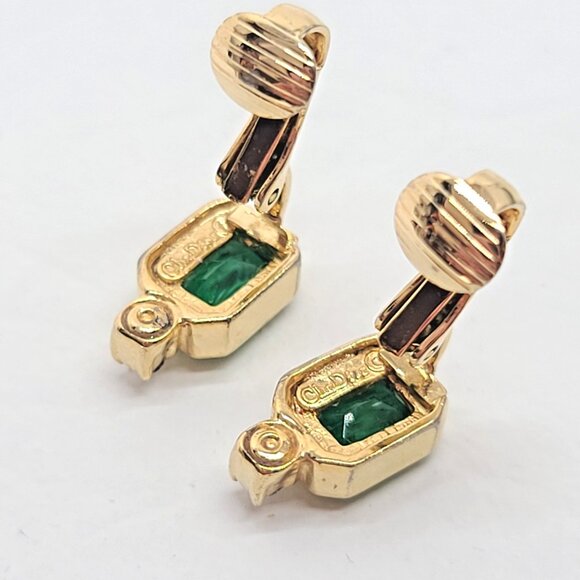 Chr. Dior Gold Tone Green Gripoix Emerald Glass Clip Earrings w Clear Crystals - Picture 4 of 7
